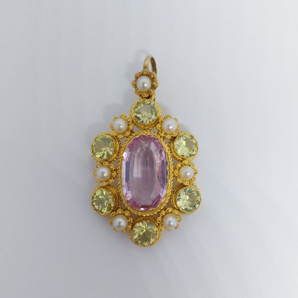 Antique Georgian Topaz and Pearl Gold Cannetille Pendant