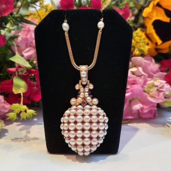 Antique Victorian Ruby and Pearl Heart Pendant with Chain 