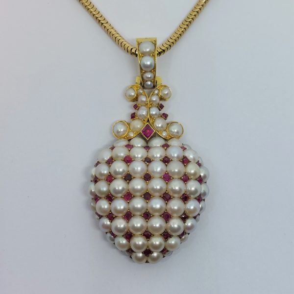 Antique Victorian Ruby and Pearl Heart Pendant with Chain