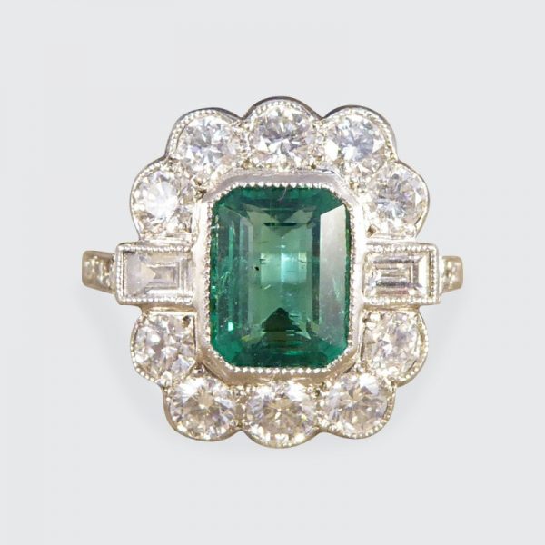 Art Deco Style 1.62ct Emerald and Diamond Cluster Ring