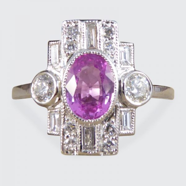 Art Deco Style 1ct Pink Sapphire and Diamond Geometric Cluster Rin