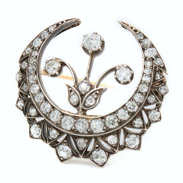 Antique Victorian Diamond Crescent and Flower Brooch