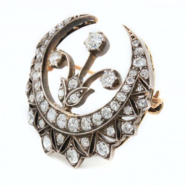 Antique Victorian Diamond Crescent and Flower Brooch