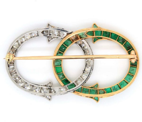 Antique French Art Nouveau Intertwined Emerald and Diamond Brooch by George Fonsèque