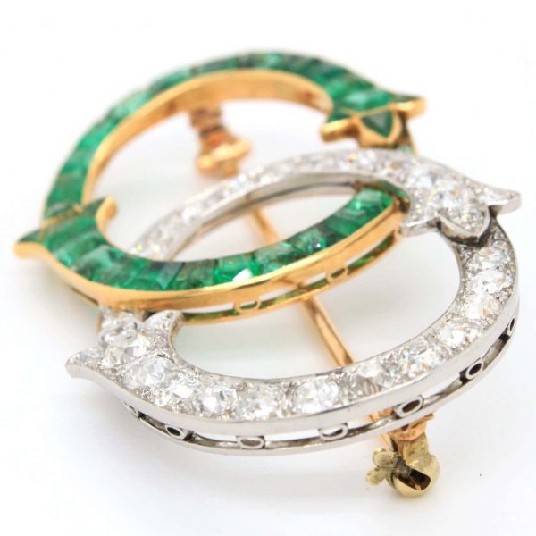Antique French Art Nouveau Intertwined Emerald and Diamond Brooch by George Fonsèque