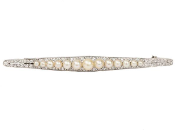 Vintage Art Deco Platinum 1.30ct Diamond and Pearl Bar Brooch circa 1930