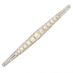 Vintage Art Deco Platinum 1.30ct Diamond and Pearl Bar Brooch circa 1930