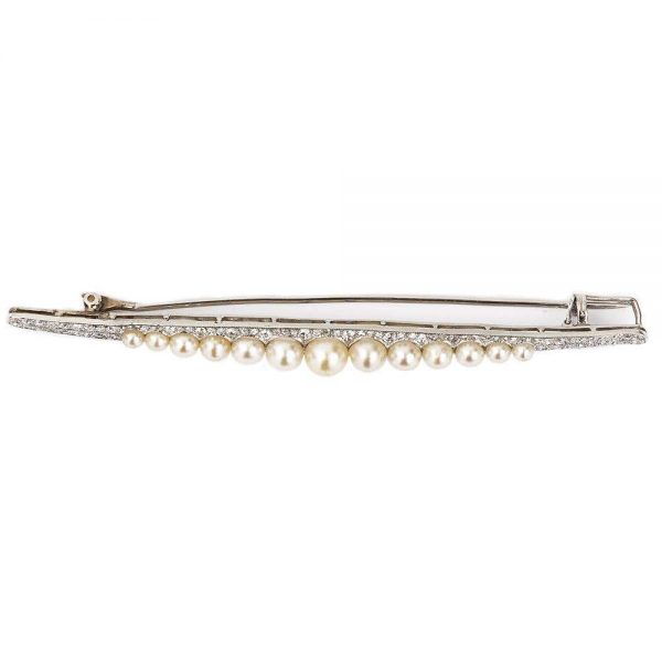 Vintage Art Deco Platinum 1.30ct Diamond and Pearl Bar Brooch circa 1930