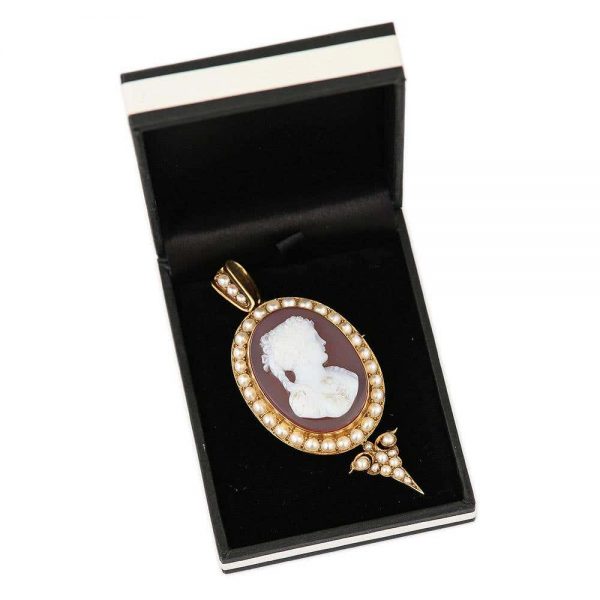 Antique Victorian Shell Cameo and Pearl Gold Pendant Brooch, circa 1890