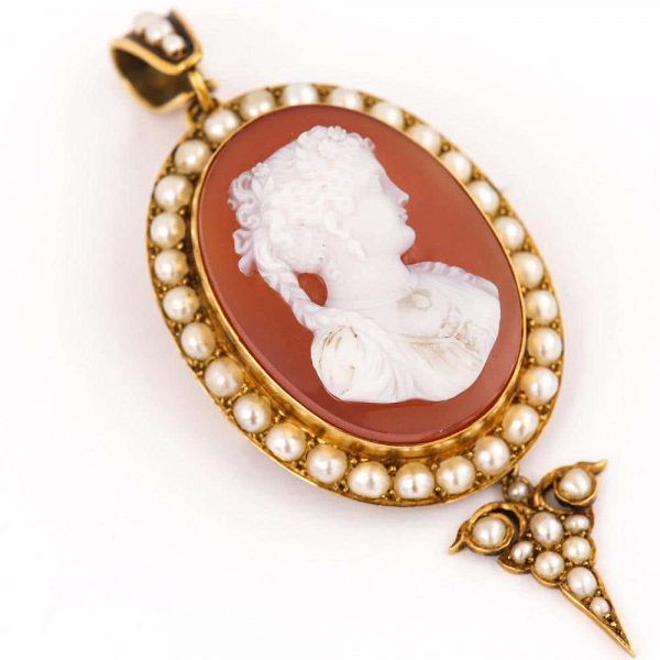 Antique Victorian Shell Cameo and Pearl Gold Pendant Brooch, circa 1890
