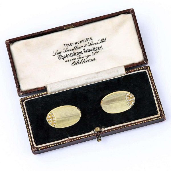 Vintage 18ct Yellow Gold and Diamond Oval Cufflinks, English, circa 1970s, in Box