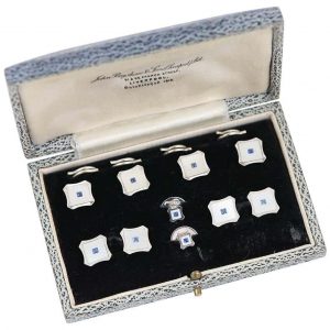 Vintage White Gold Sapphire and Mother of Pearl Men’s Dress Stud Set, circa 1956