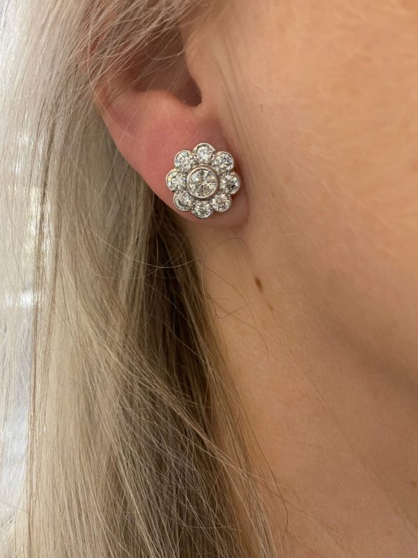 Diamond Daisy Cluster Stud Earrings, 2.55 carats