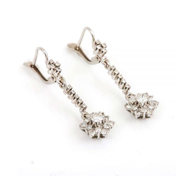 Vintage 18ct White Gold Diamond Drop Daisy Cluster Earrings 0.75 Carat