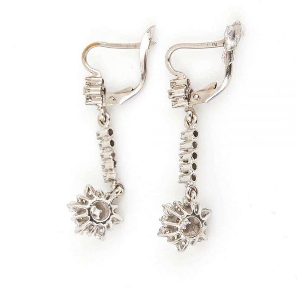 Vintage 18ct White Gold Diamond Drop Daisy Cluster Earrings 0.75 Carat