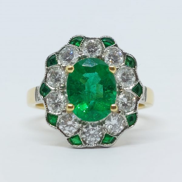 Edwardian Style Emerald and Diamond Cluster Ring - Jewellery Discovery