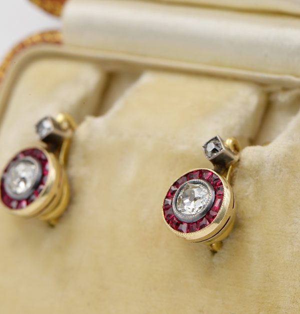 Antique Victorian .70ct Old Mine Diamond and Ruby Rare Target Earrings