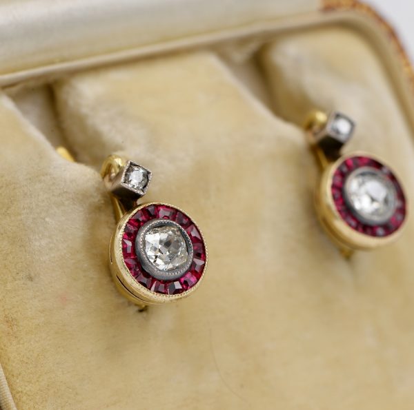 Antique Victorian .70ct Old Mine Diamond and Ruby Rare Target Earrings