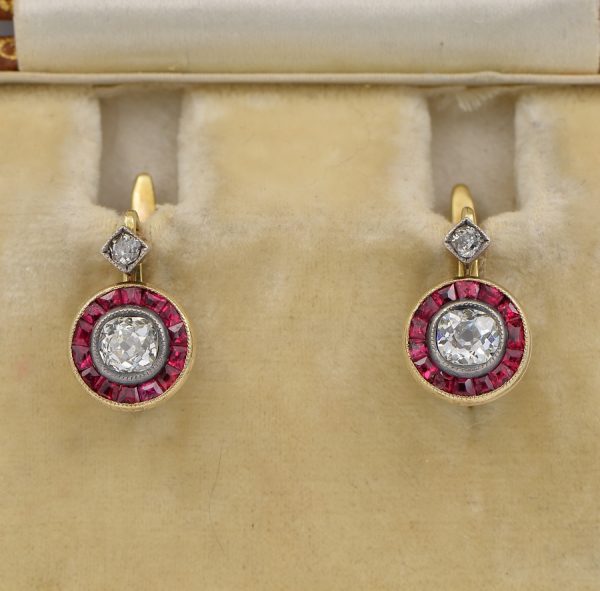 Antique Victorian .70ct Old Mine Diamond and Ruby Rare Target Earrings