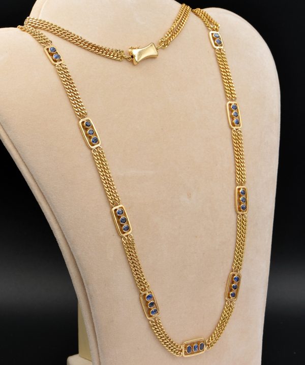 Vintage 8.0ct Natural Sapphire Double Curb 18ct Gold Necklace