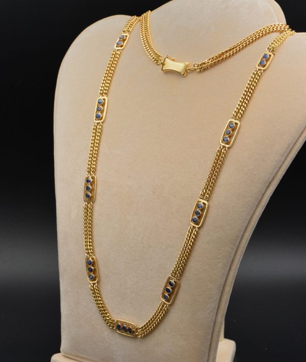 Vintage 8.0ct Natural Sapphire Double Curb 18ct Gold Necklace