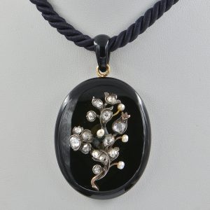 Antique Victorian 2.60ct Old Cut Diamond and Pearl Forget Me Not Onyx 18ct Gold Necklace