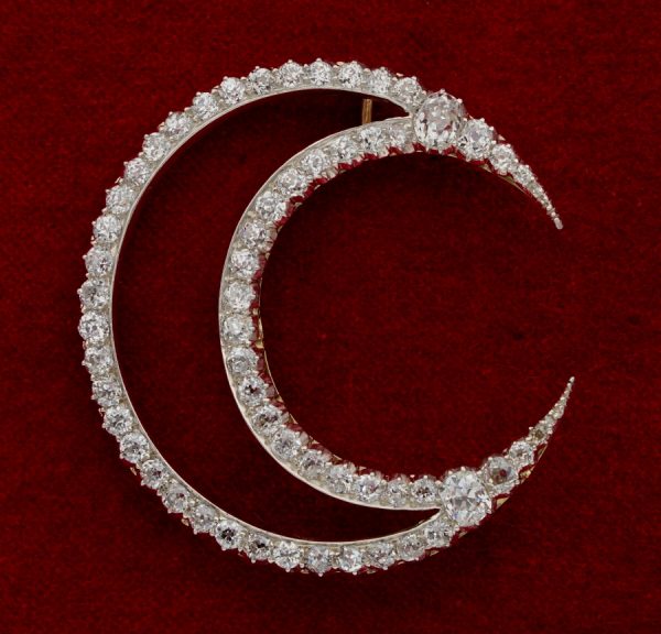 Antique Victorian French 12.20ct Diamond Double Crescent Moon 18ct Brooch