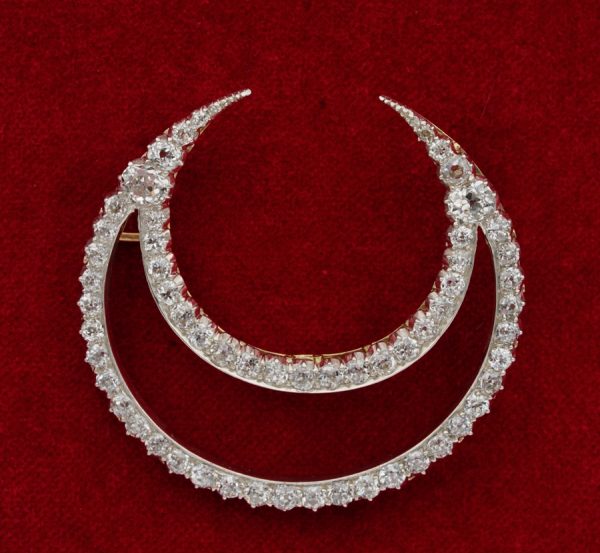 Antique Victorian French 12.20ct Diamond Double Crescent Moon 18ct Brooch