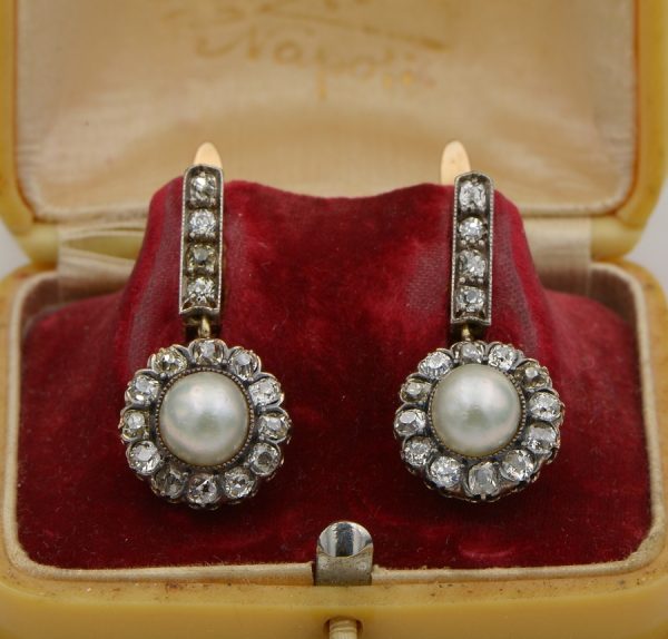 Antique Victorian 2.90ct Natural Pearl and 2.60ct Diamond Certified Drop Earrings