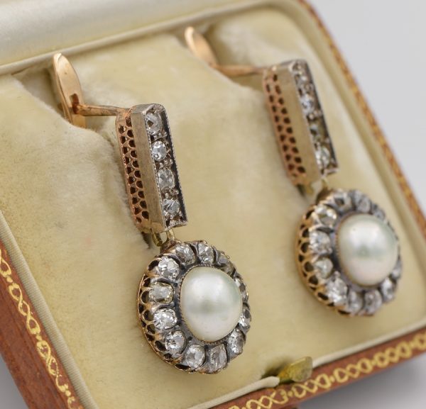 Antique Victorian 2.90ct Natural Pearl and 2.60ct Diamond Certified Drop Earrings