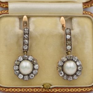 Antique Victorian 2.90ct Natural Pearl and 2.60ct Diamond Certified Drop Earrings