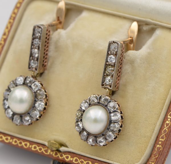 Antique Victorian 2.90ct Natural Pearl and 2.60ct Diamond Certified Drop Earrings