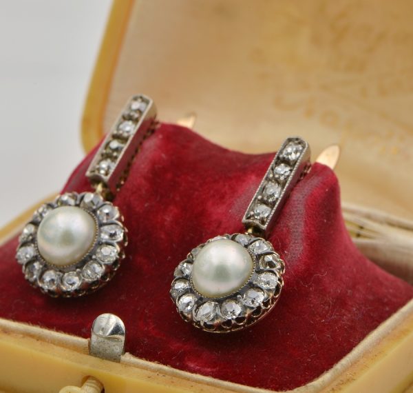 Antique Victorian 2.90ct Natural Pearl and 2.60ct Diamond Certified Drop Earrings