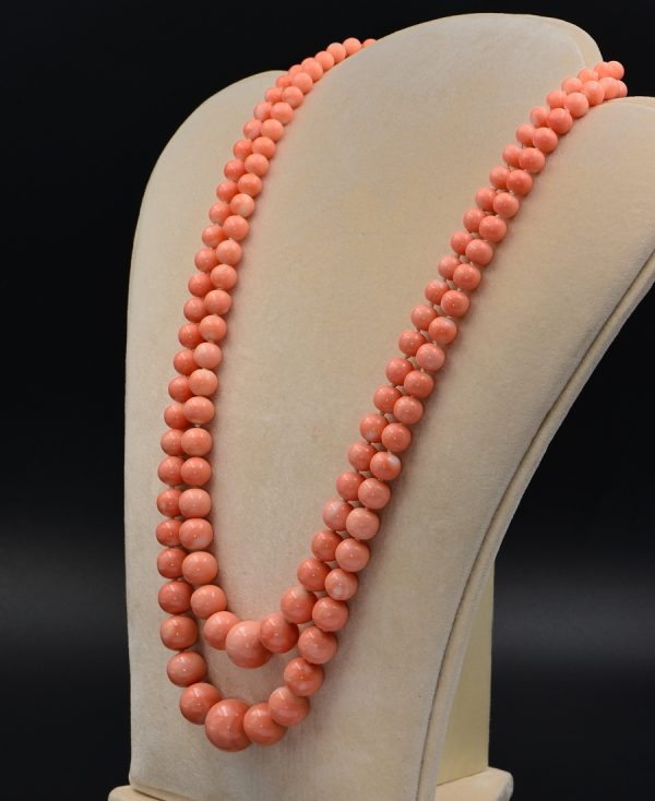 Vintage Double Strand Rare Pink Salmon Coral Diamond Clasp, Circa 1970