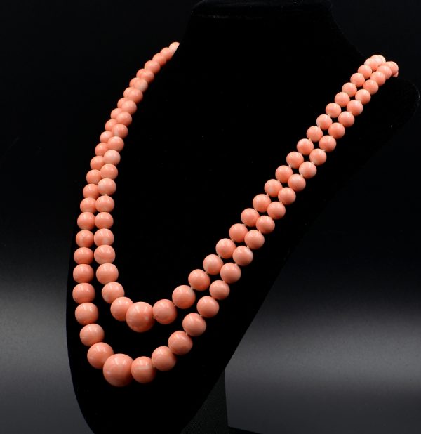 Vintage Double Strand Rare Pink Salmon Coral Diamond Clasp, Circa 1970