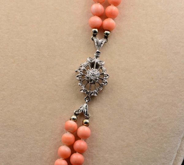 Vintage Double Strand Rare Pink Salmon Coral Diamond Clasp, Circa 1970