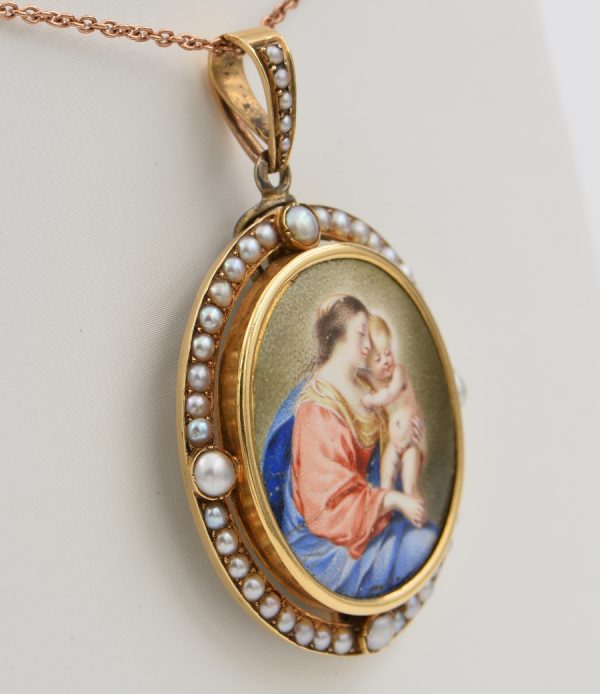 Antique Victorian French Virgin Mary and Baby 18ct Gold Natural Pearl Pendant