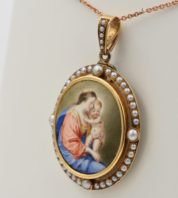 Antique Victorian French Virgin Mary and Baby 18ct Gold Natural Pearl Pendant