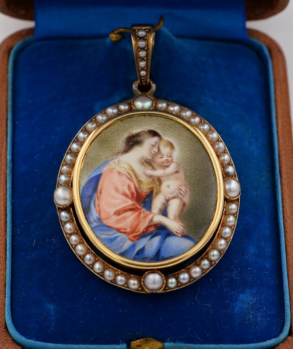 Antique Victorian French Virgin Mary and Baby 18ct Gold Natural Pearl Pendant