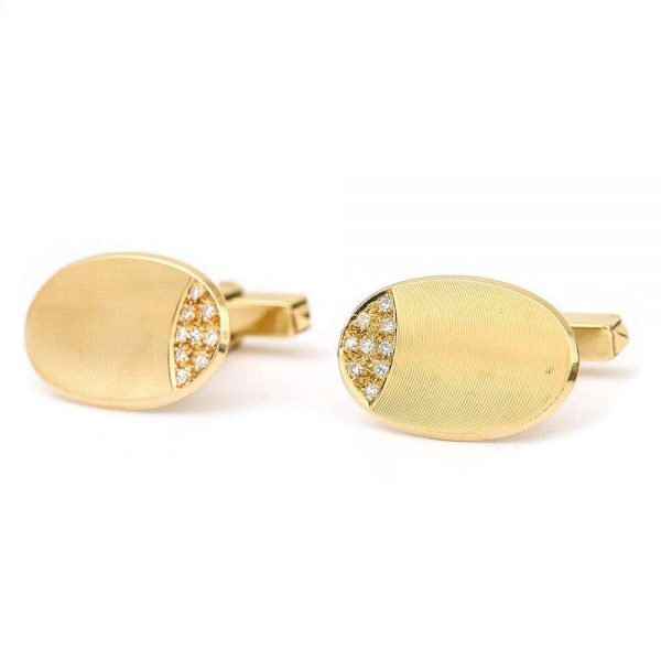 Vintage 18ct Yellow Gold and Diamond Oval Cufflinks, English, circa 1970s, in Box