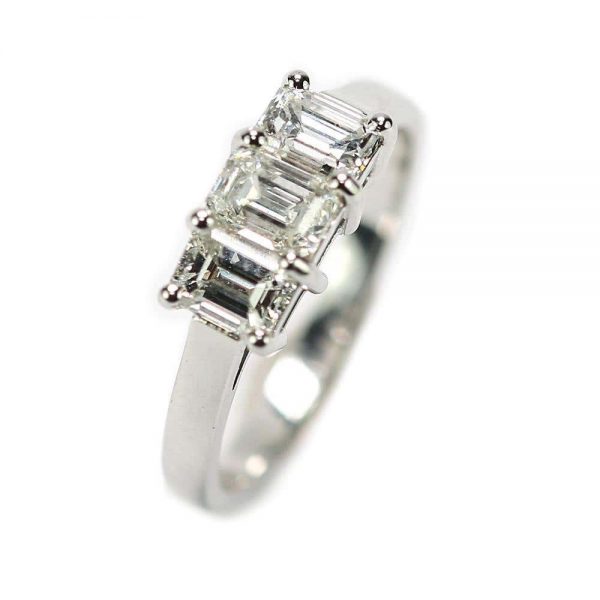 Platinum Three Stone Emerald Cut Diamond 1.25ct Trinity Engagement Ring