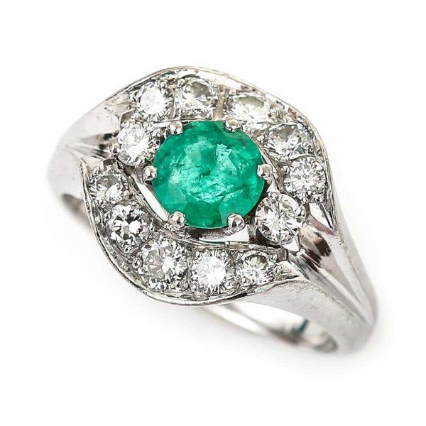 Vintage Emerald and Diamond Cluster Ring 18ct White Gold