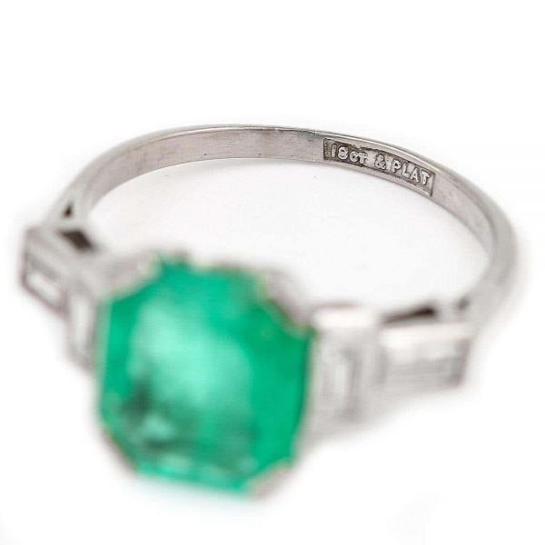 Antique Art Deco Certified Untreated 3.4ct Columbian Emerald and Baguette Diamond Ring