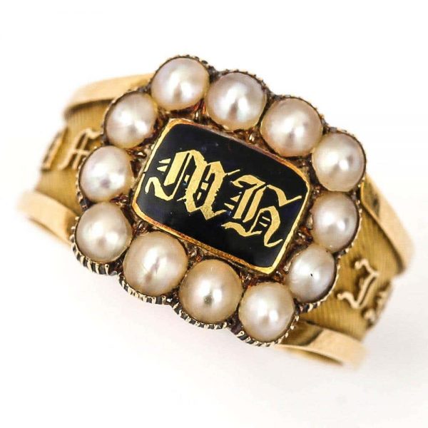 Antique Victorian In Memory Of 18ct Gold Black Enamel and Pearl Mourning Ring