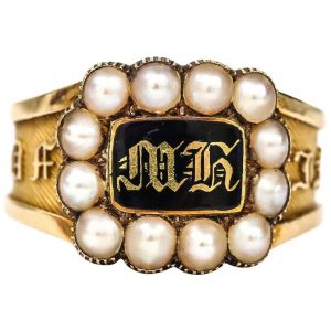 Antique Victorian In Memory Of 18ct Gold Black Enamel and Pearl Mourning Ring