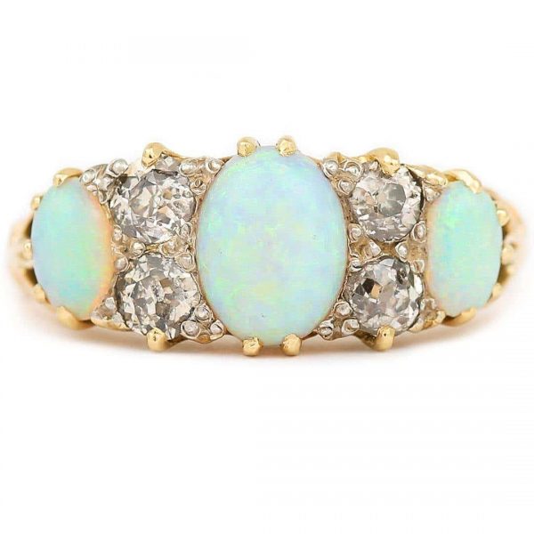 Antique Early 20th Century 18ct Gold Opal and Diamond Three Stone Ring Circa 1910