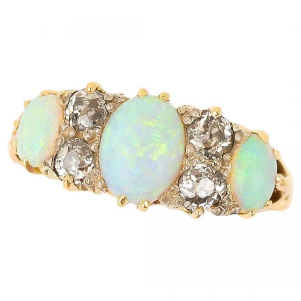 Antique Early 20th Century 18ct Gold Opal and Diamond Three Stone Ring Circa 1910