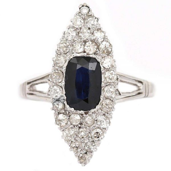 Vintage 18ct White Gold Sapphire and Diamond Marquise Navette Engagement Ring