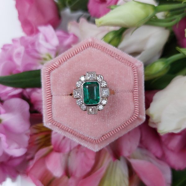 Vintage 1.50ct Emerald and Diamond Tablet Cluster Ring