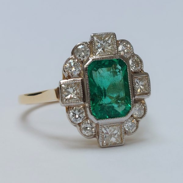 Vintage 1.50ct Emerald and Diamond Tablet Cluster Ring